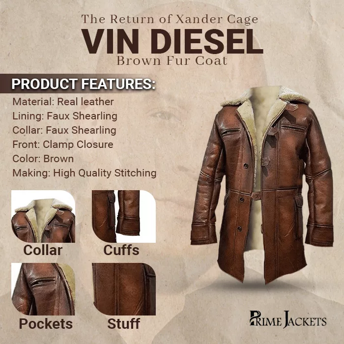 XXX 3 The Return of Xander Cage Vin Diesel Brown Fur Coat