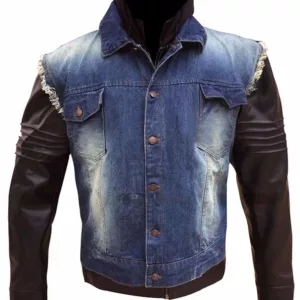 denim signature leather hooded jacket front