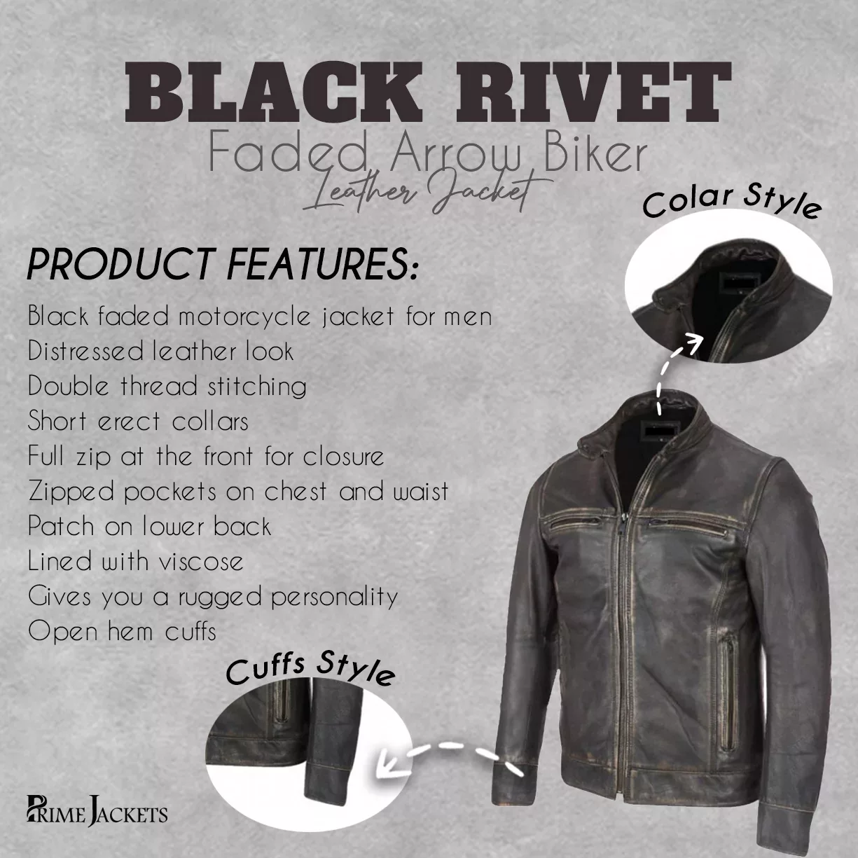 Black Rivet Faded Arrow Biker Leather Jacket