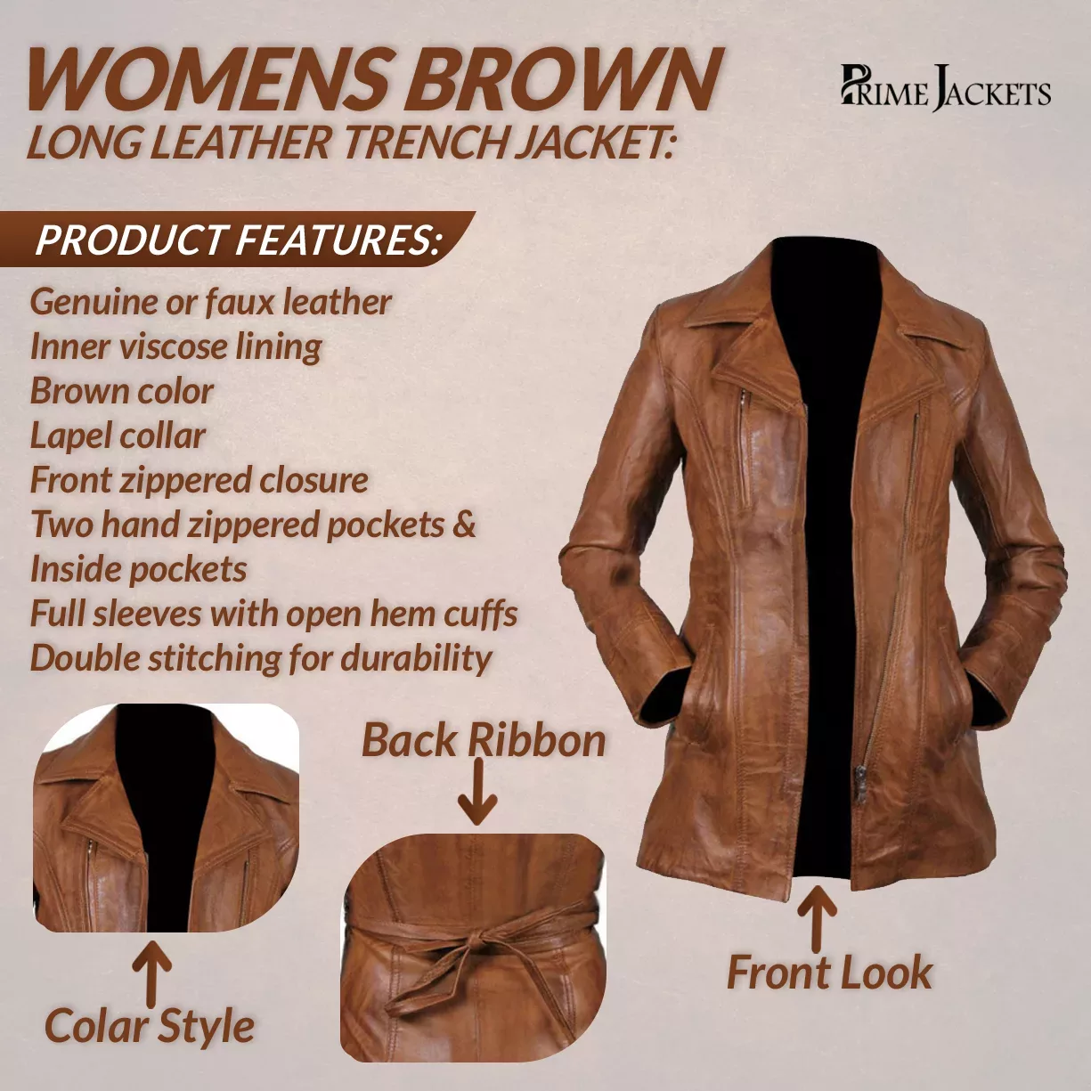 Womens Brown Long Leather Trench Jacket