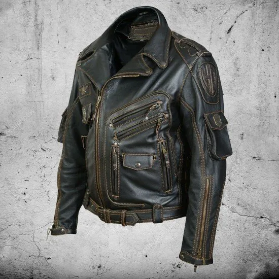 Mens Genuine Cowhide Vintage Black Biker Leather Jacket