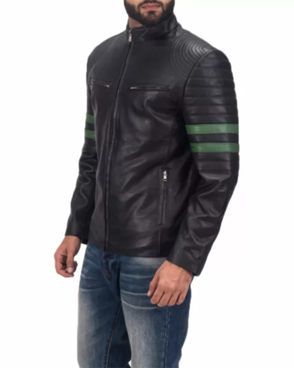 Cafe-Racer-Black-Biker-Retro-Green-Striped-Motorcycle-Leather-Jacket