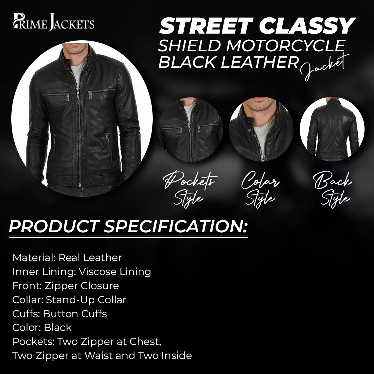 Men’s Street Classy Shield Motorcycle Black Leather Jacket