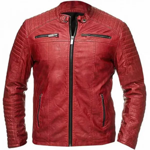 Cafe Racer Men’s Red Quilted Biker Leather Jacket Front