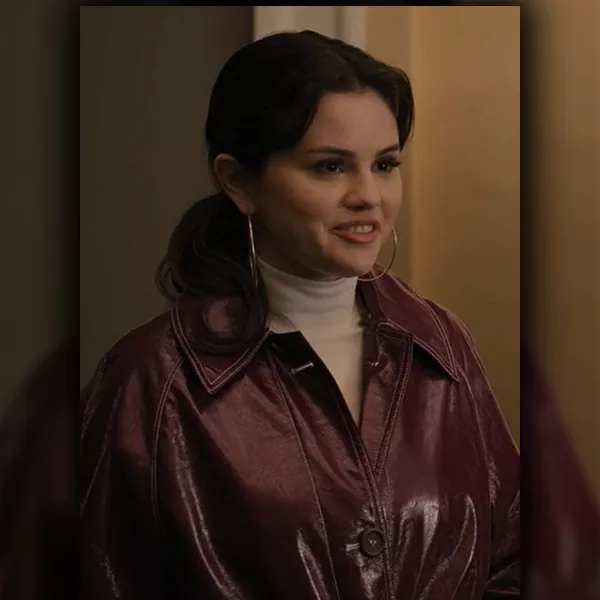 Only Murders in the Building Mabel Maroon Leather Selena Gomez Coat