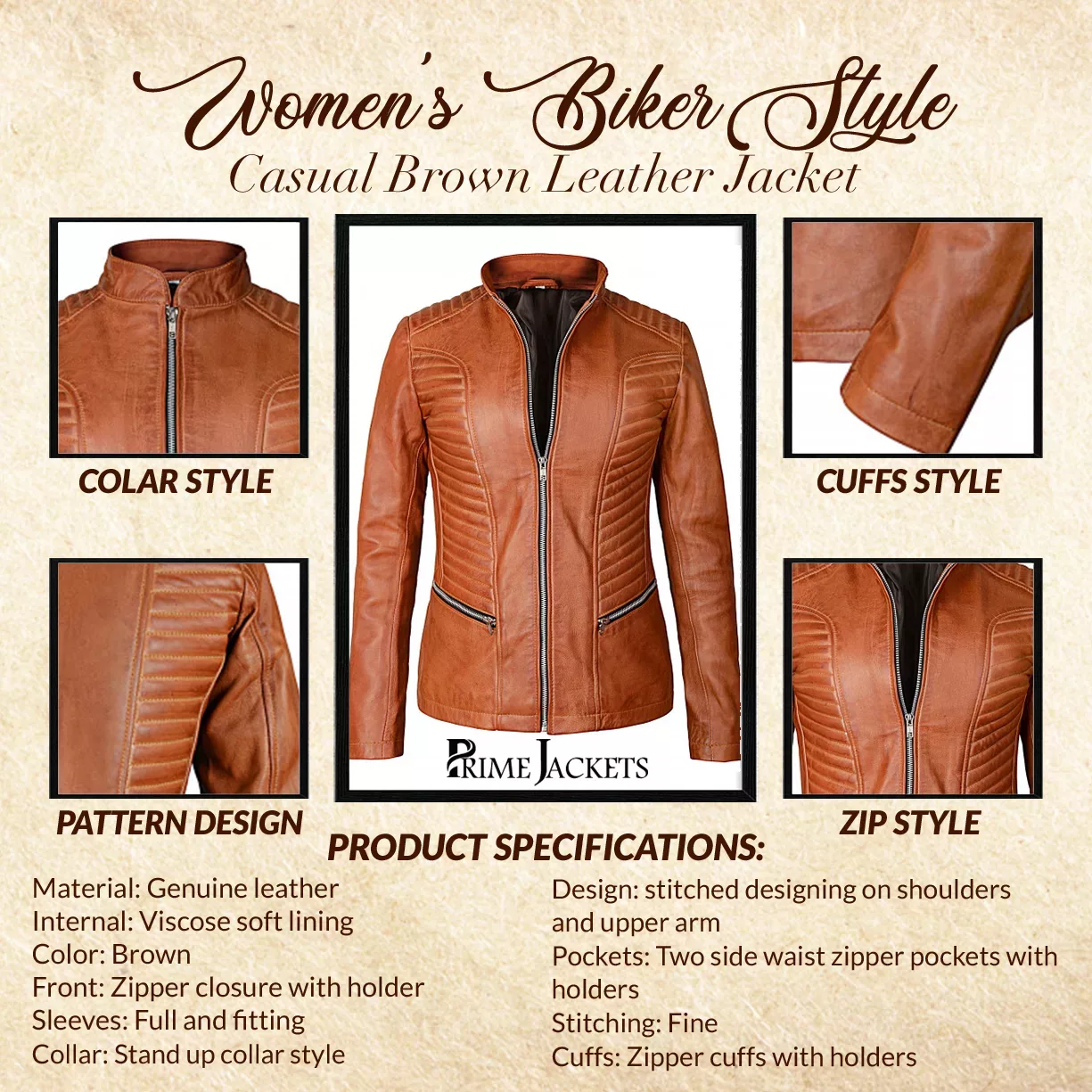 Women’s Biker Style Casual Brown Leather Jacket