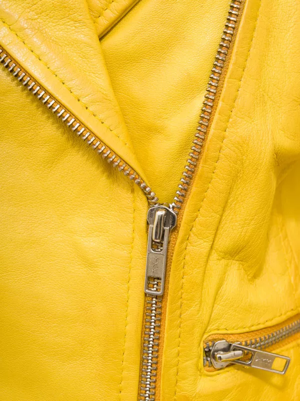 Women's Biker Yellow Leather Four Zipper Pockets Jacket