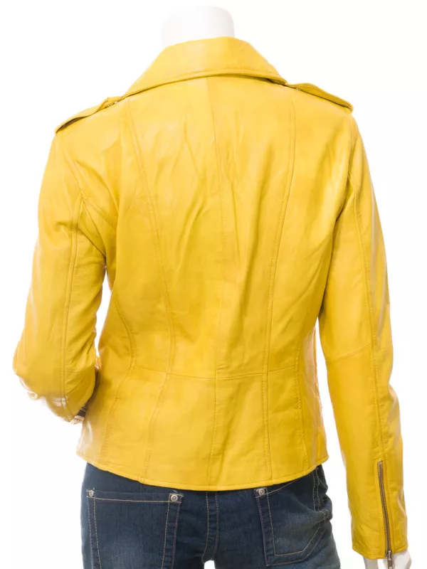 Women's Biker Yellow Leather Zipper Pockets Jacket