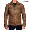 Mens Camel Trucker Leather Jacket