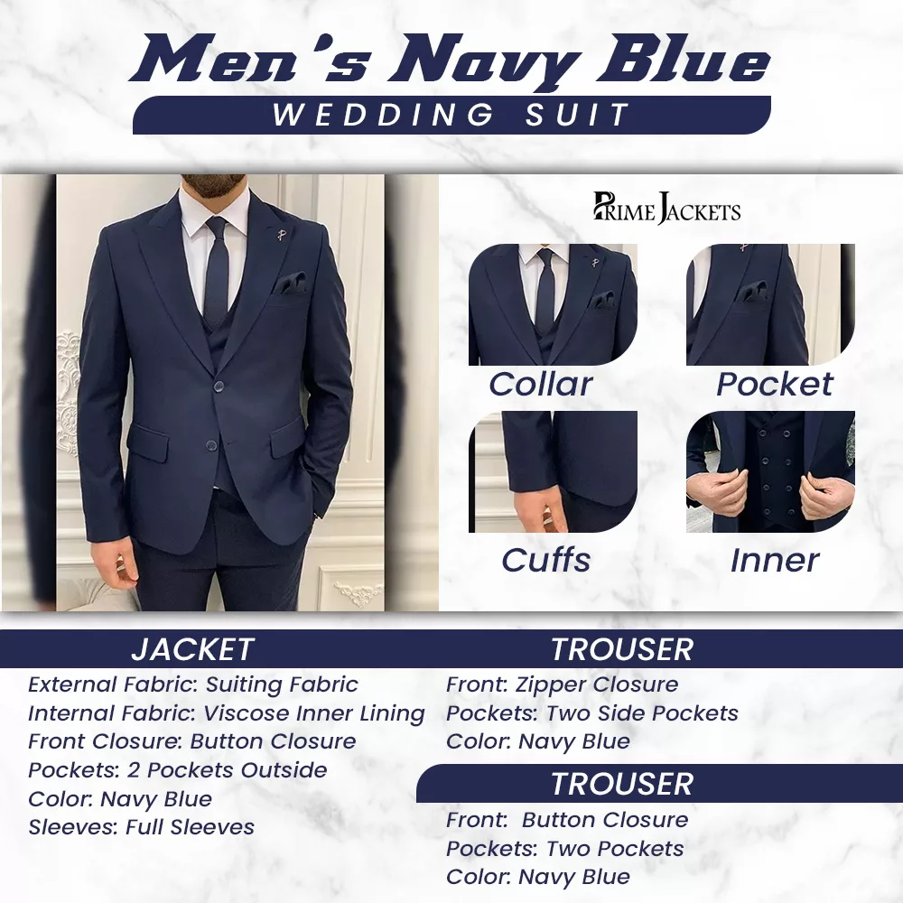 Men’s 3 Piece Navy Blue Wedding Suit 