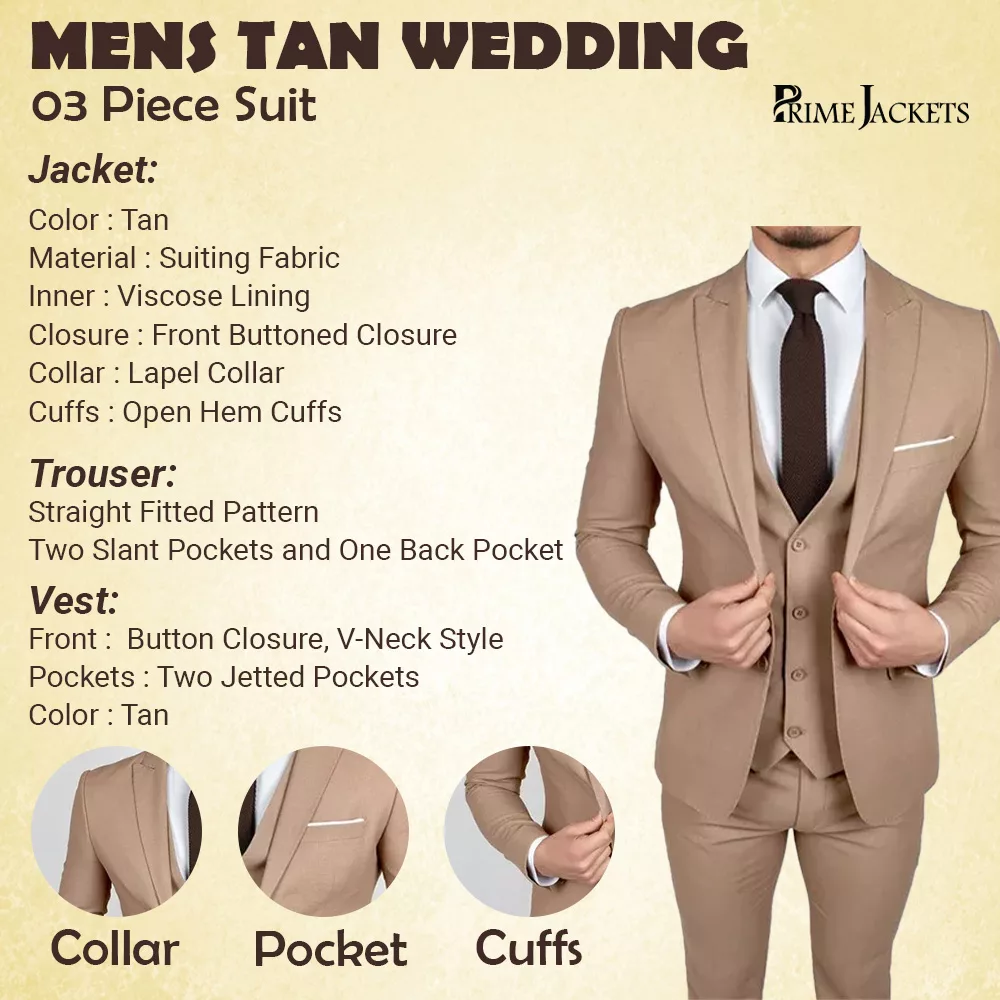 Mens 3 Piece Tan Tuxedo Wedding Suit 