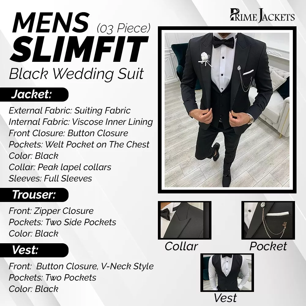 3 Piece Black Wedding Slim Fit Suit for Men