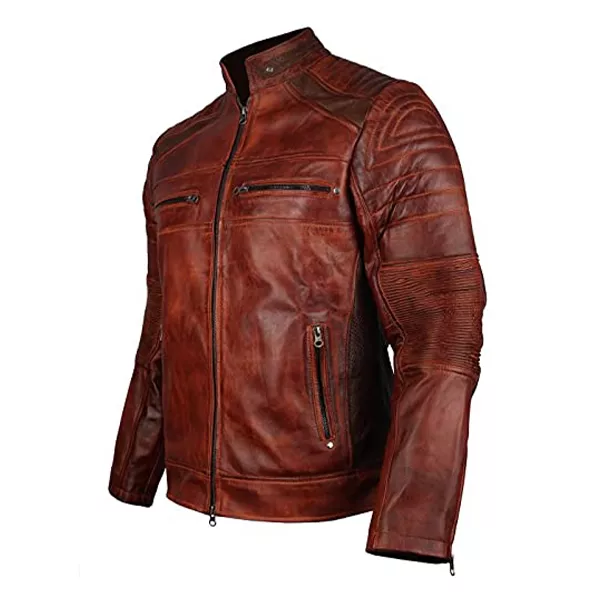 Mens Brown Quilted Cafe Racer Leather Jacket