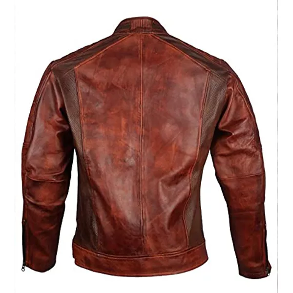 Mens Distressed Brown Quilted Cafe Racer Leather Jacket