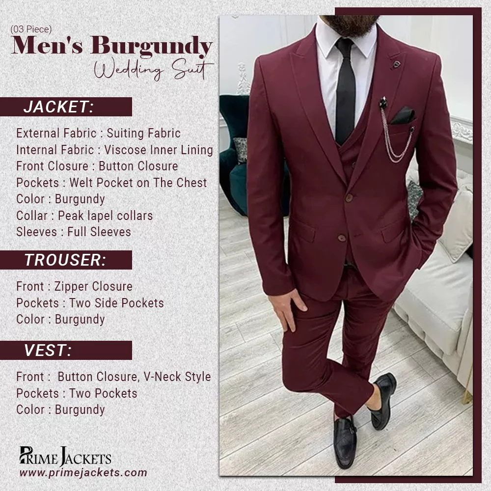 Men’s Slim Fit Burgundy 3 Piece Wedding Suit