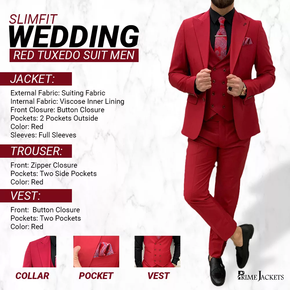 3 Piece Wedding Red Tuxedo Suit Mens