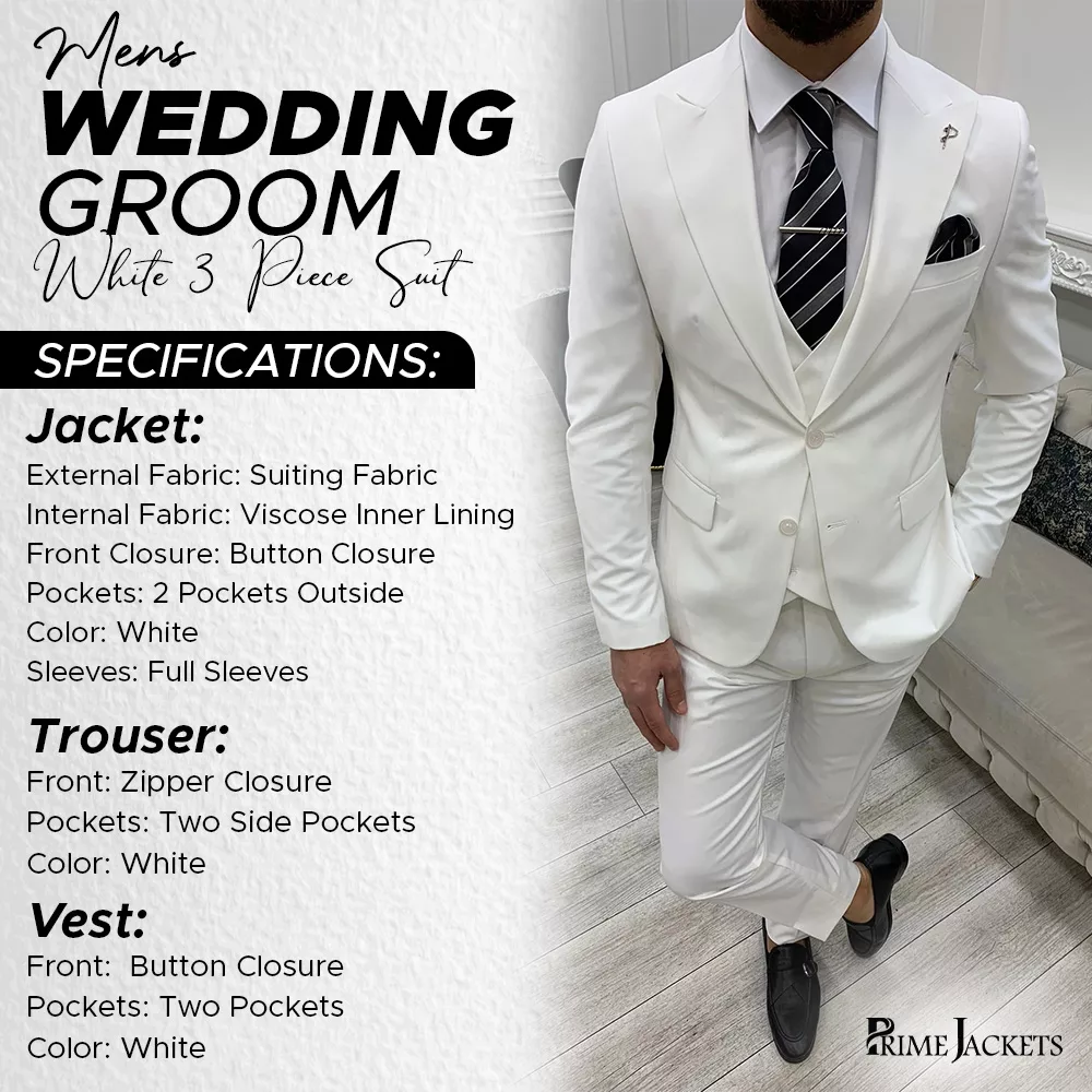 Mens Wedding Groom White 3 Piece Suit