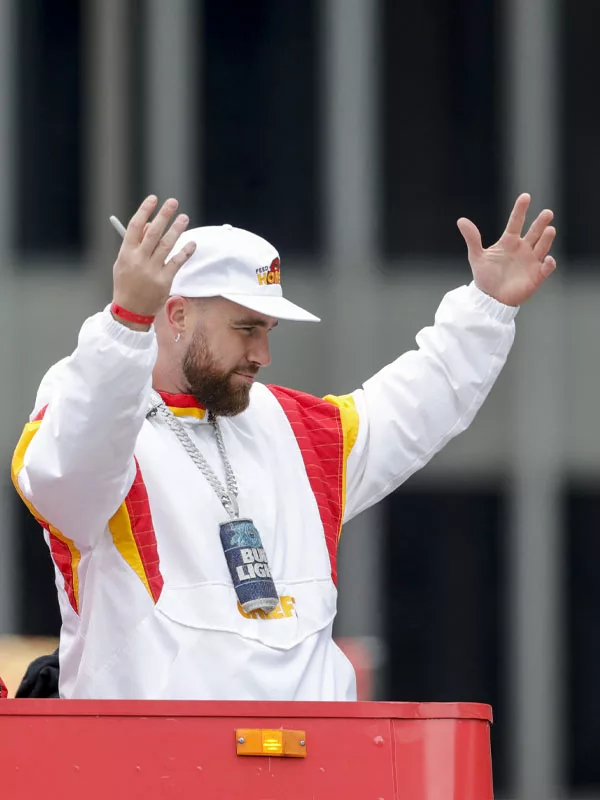 Kansas City Chiefs Travis Kelce Super Bowl Parade White Hooded Jacket