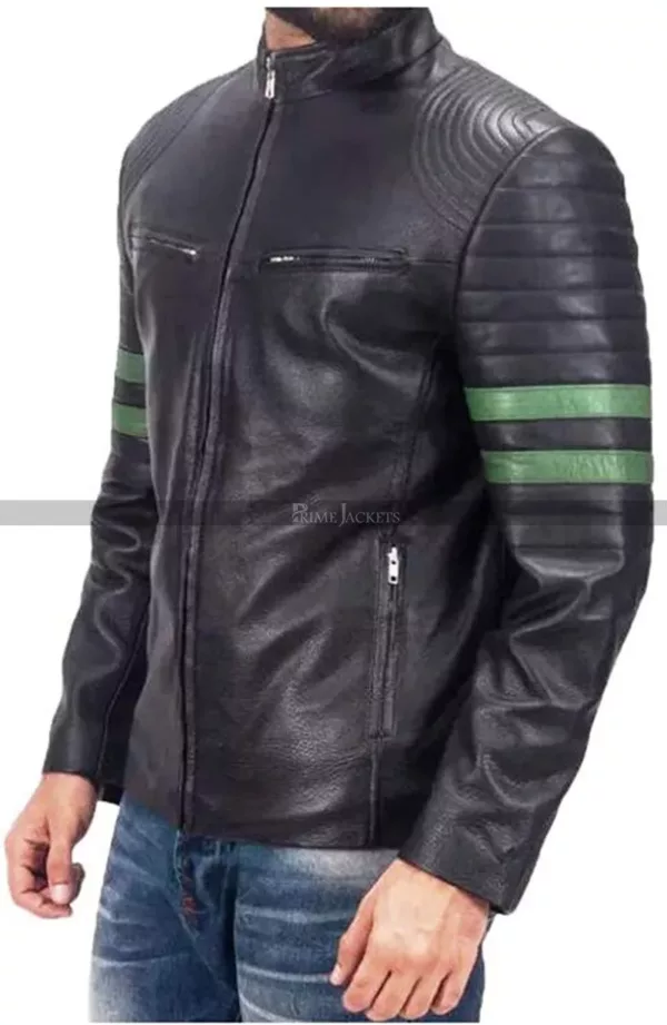 Men's Biker Green Striped Leather Jacket