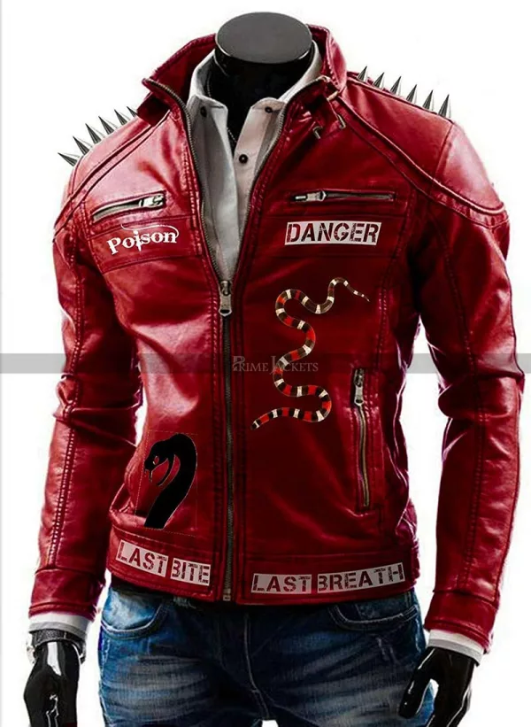 Men's Motorcycle Last Bite I Am Venomous Red Leather Jacket