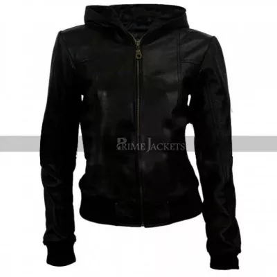 Women Slim fit Hooded Black Leather Bomber Jacket