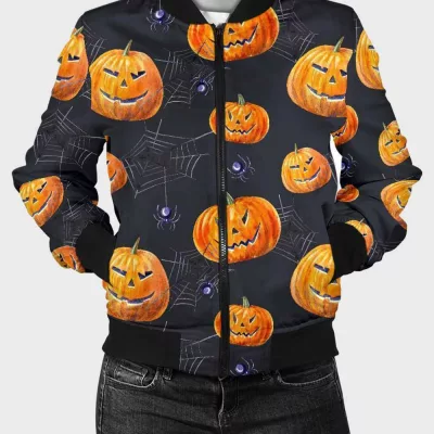 Halloween Pumpkin Printed Bomber Jacket