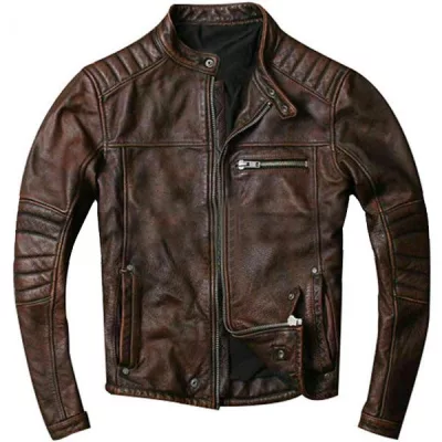 Men's Quilted Distressed Brown Motorcycle Leather Jacket