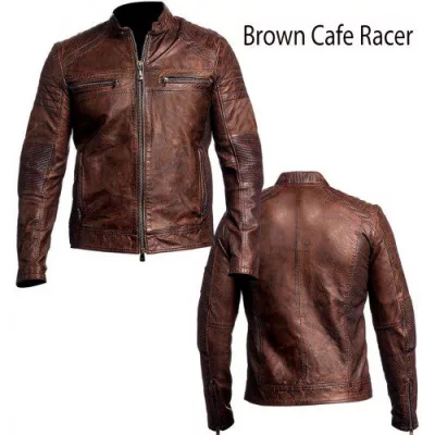 Mens Biker Vintage Motorcycle Cafe Racer Brown Distressed Leather Jacket