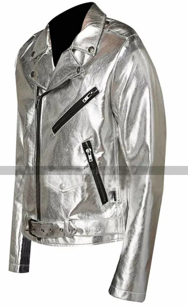 Men Silver Shiny Leather Jacket