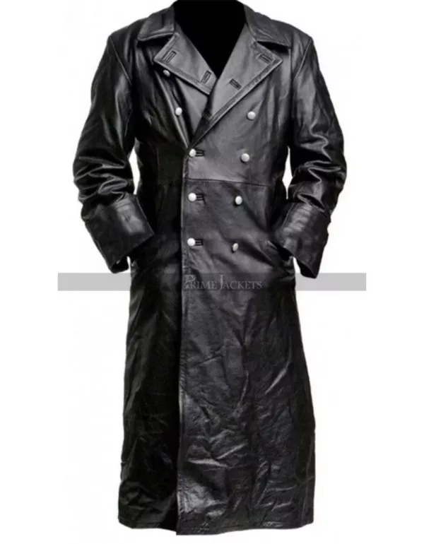 German Classic Officer Black Leather Trench Coat Costume
