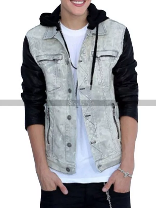 Justin Bieber Denim Jacket With Black Leather Sleeves