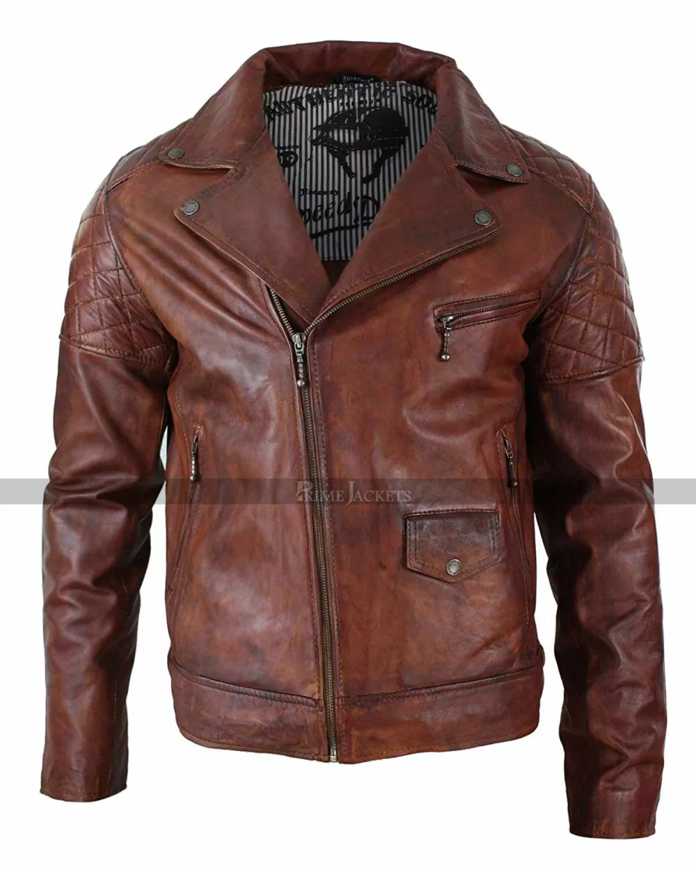 Mens Vintage Washed Tan Brown Motorcycle Leather Biker Jacket