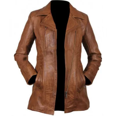 Womens Brown Long Leather Trench Jacket