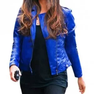 Camila Alves Blue Biker Style Leather Jacket