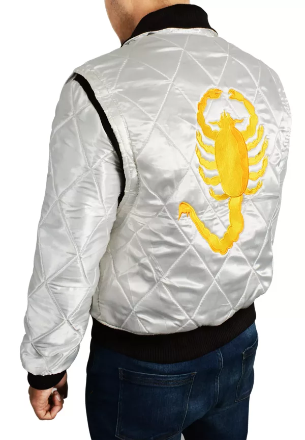Mens Drive Ryan Gosling White Satin Scorpion Jacket